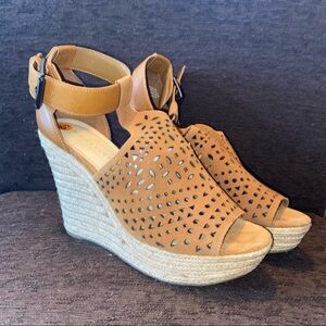 Marc Fisher Hasina Brown Laser Cut Wedge Sandals